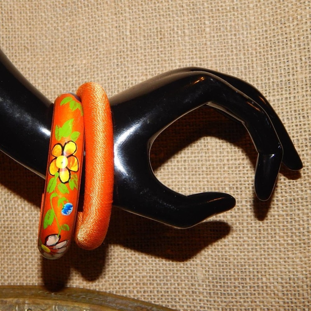 <3   BoHo Orange Hand Painted & Wrapped Bangle Set